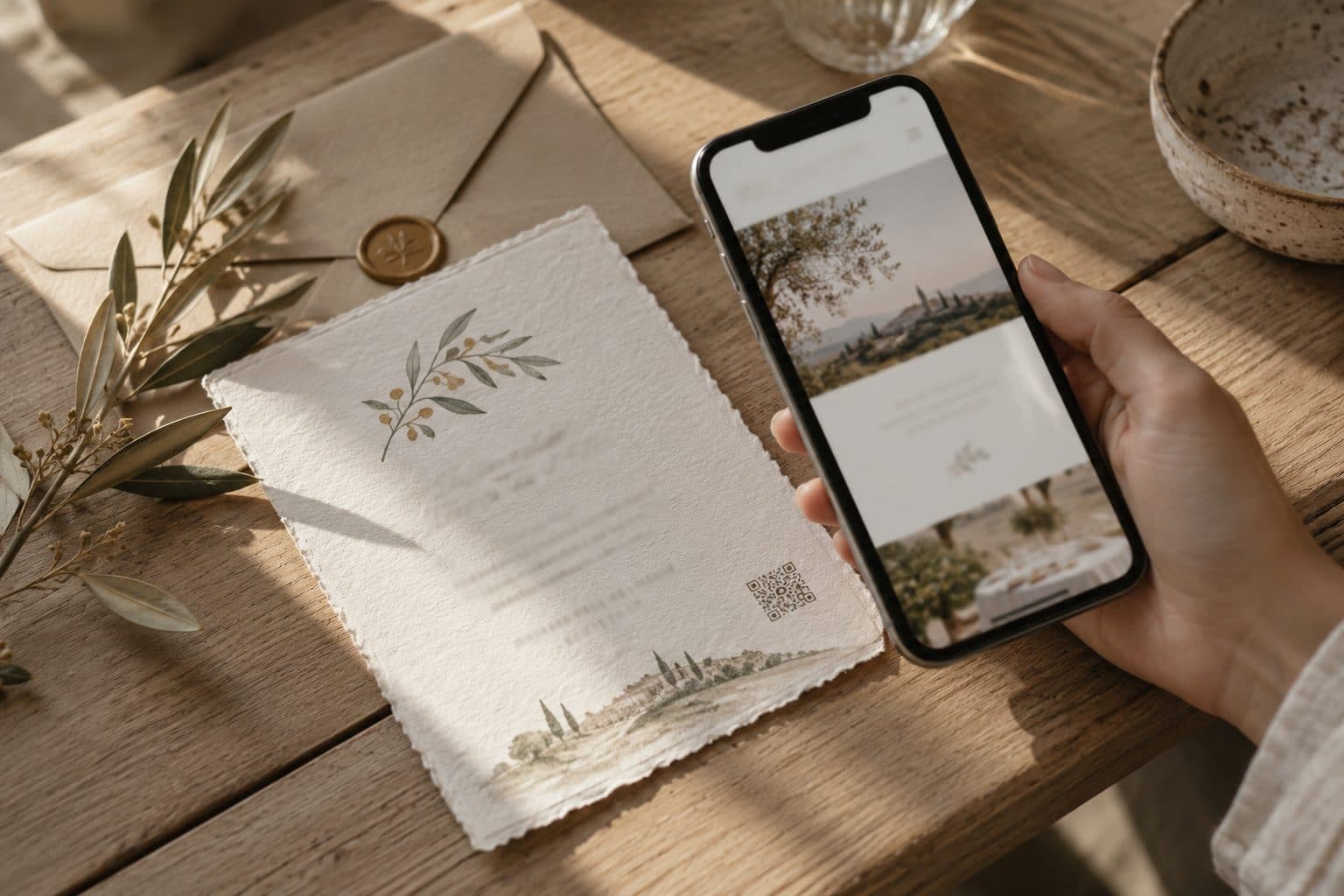Mano escaneando con el móvil el QR de una invitación de boda impresa para abrir la web de la boda