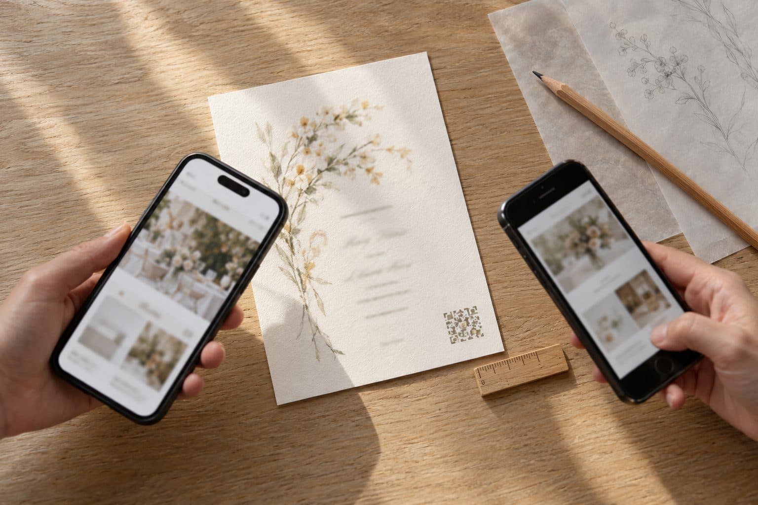 Dos móviles probando el QR de una prueba de invitación de boda impresa, con una regla que mide el tamaño del código