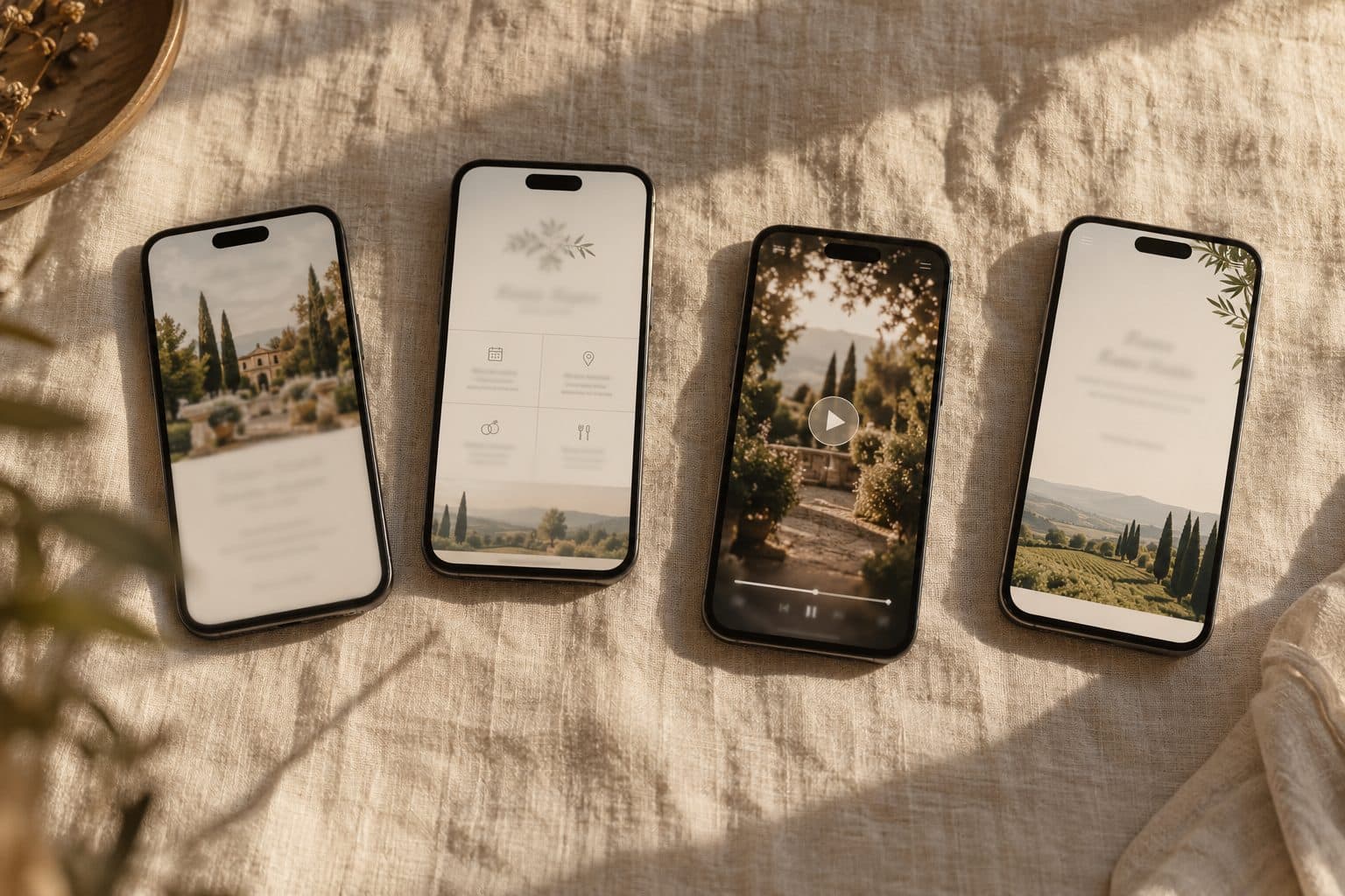 Cuatro móviles sobre lino con los cuatro tipos de invitaciones digitales para boda: imagen, plantilla, vídeo y web a medida
