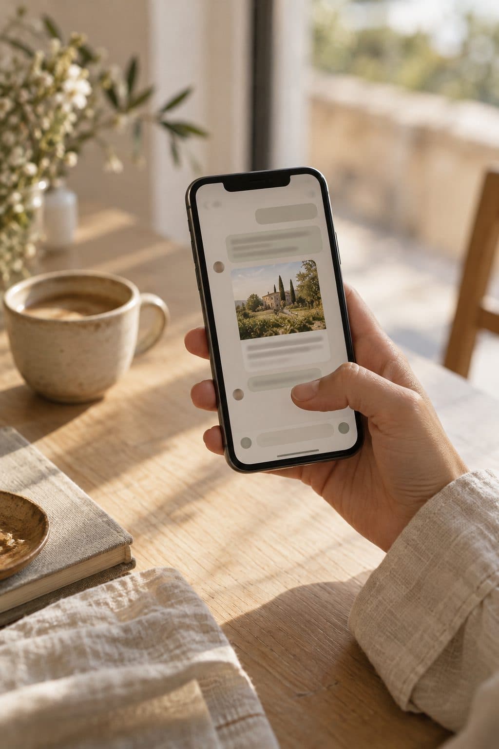 Pulgar a punto de tocar el enlace de una invitación de boda digital en un chat de WhatsApp, con la vista previa de la web