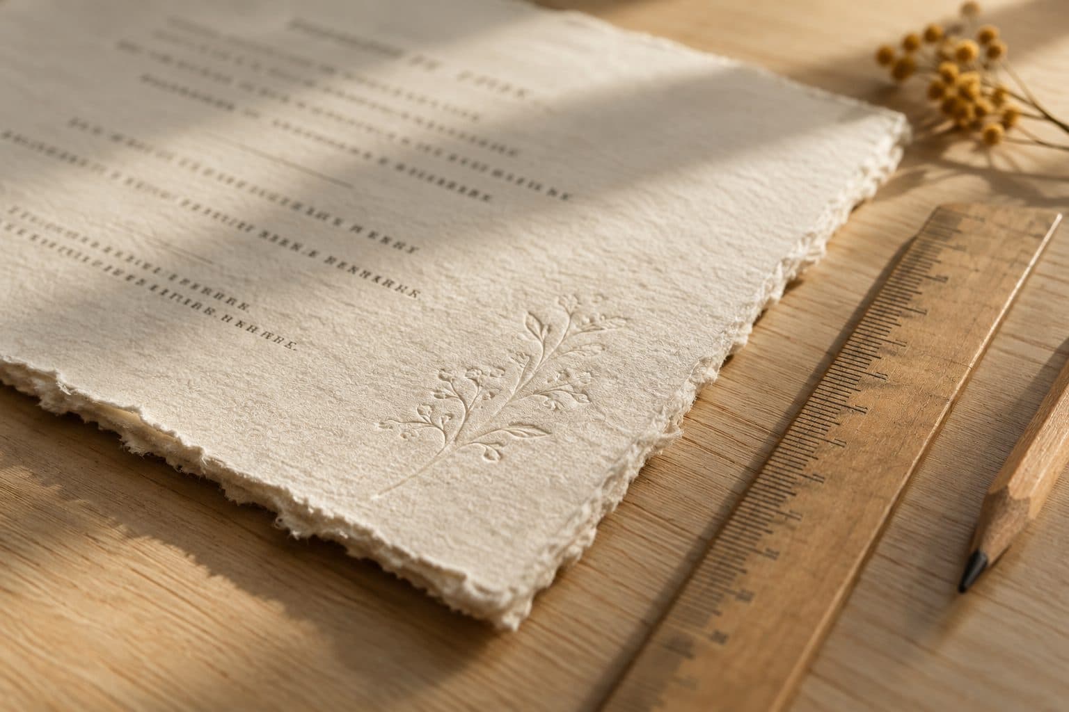 Detalle del borde deshilachado de una invitación de boda artesanal en papel de algodón, con una regla y un lápiz al lado