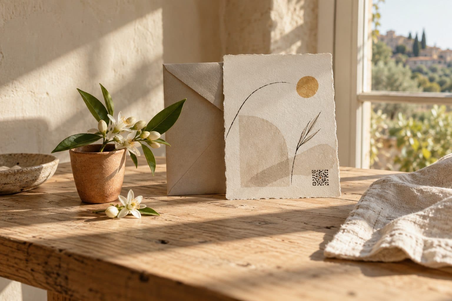 Invitación de boda impresa junto a una ramita de azahar y una taza de barro sobre una mesa con luz de ventana, para una boda en Valencia