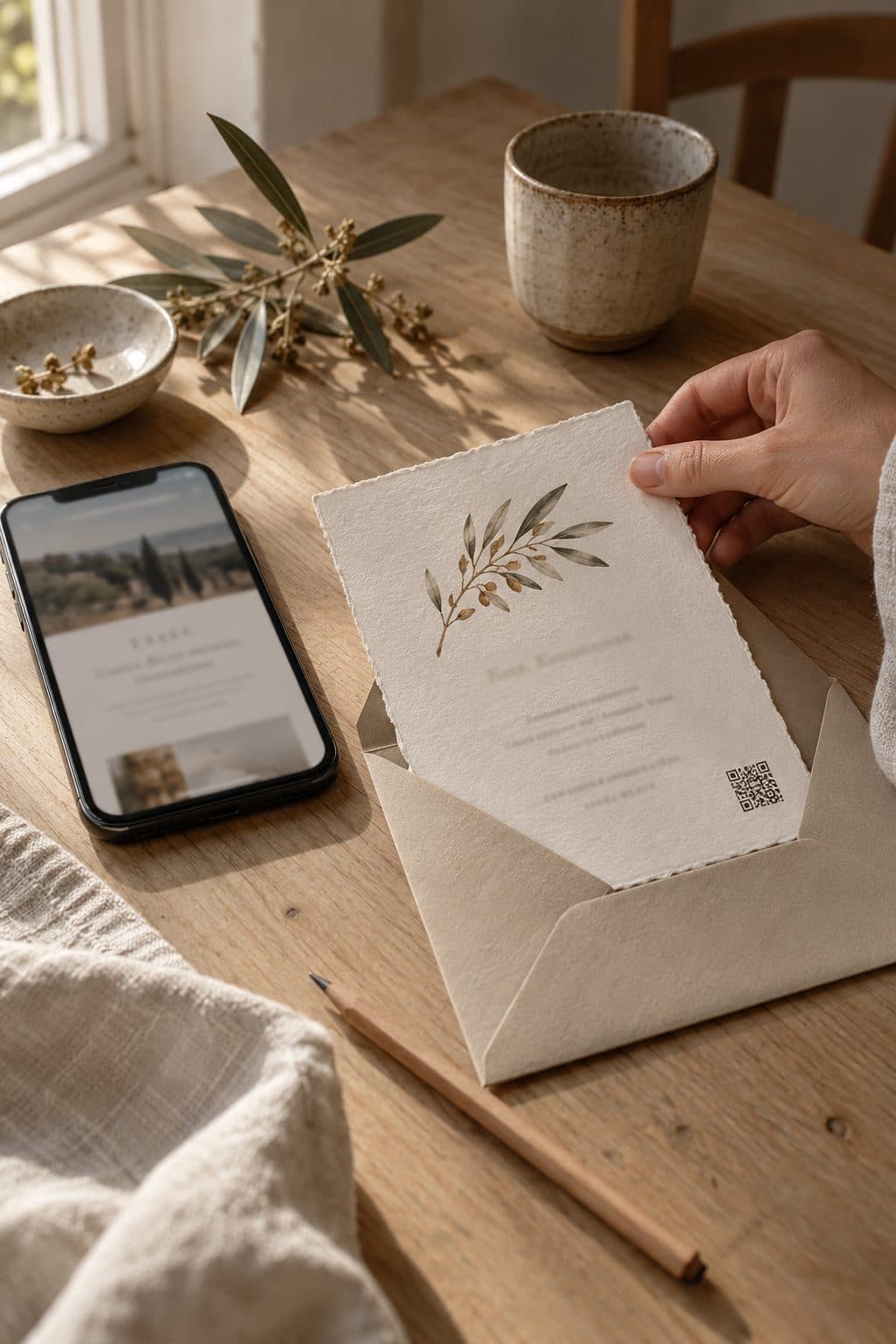 Invitación de boda impresa con QR junto a un móvil que muestra la portada de la web de boda, la invitación digital de Lo Bailao
