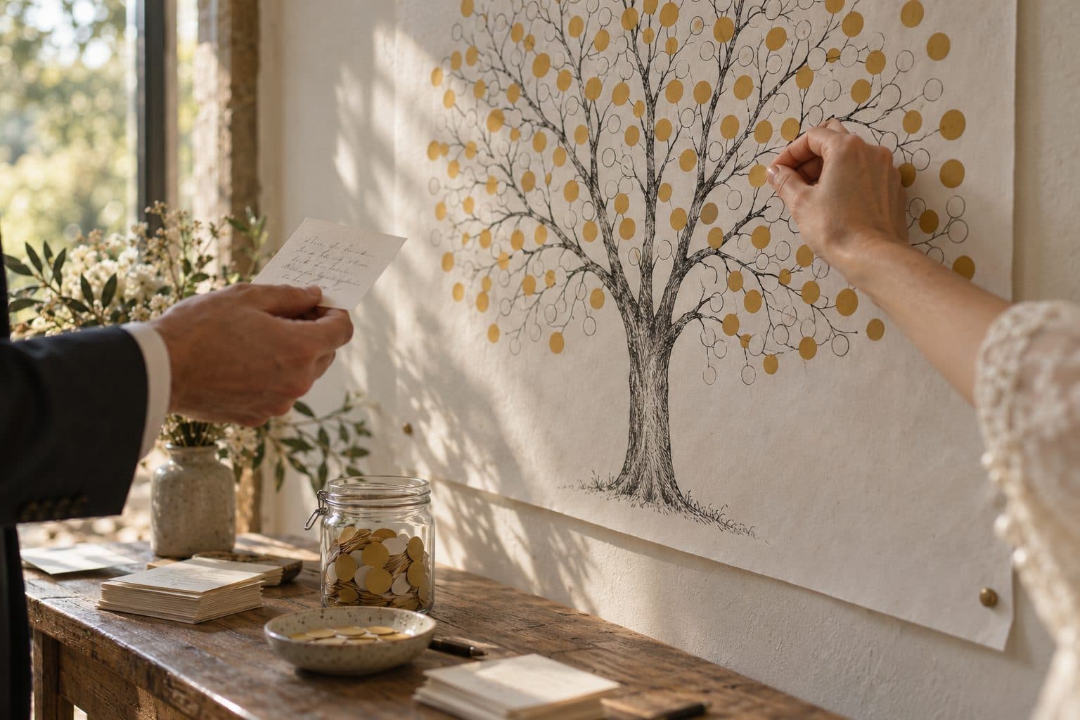 Pared con un árbol lleno de pegatinas y manos que pegan una nueva: El Mural, el juego de misiones que sustituye al bingo todo el día