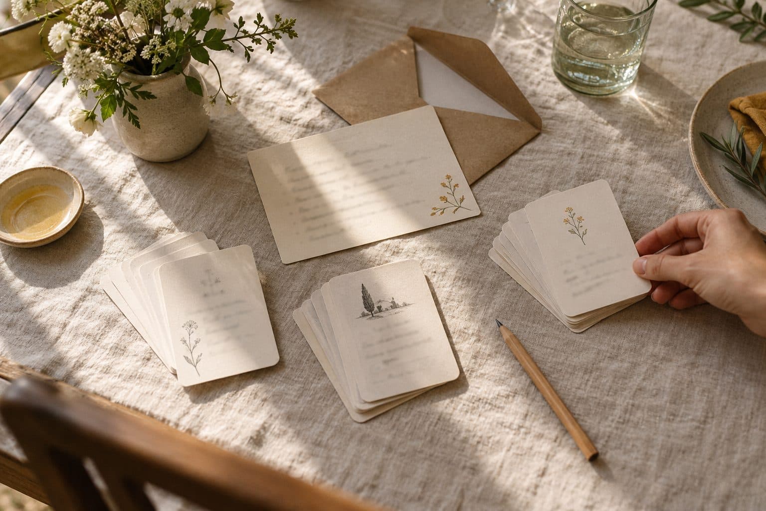 Kit de juegos de boda desplegado sobre lino: tres mazos de cartas, una tarjeta de reglas para el capitán de mesa y un sobre kraft
