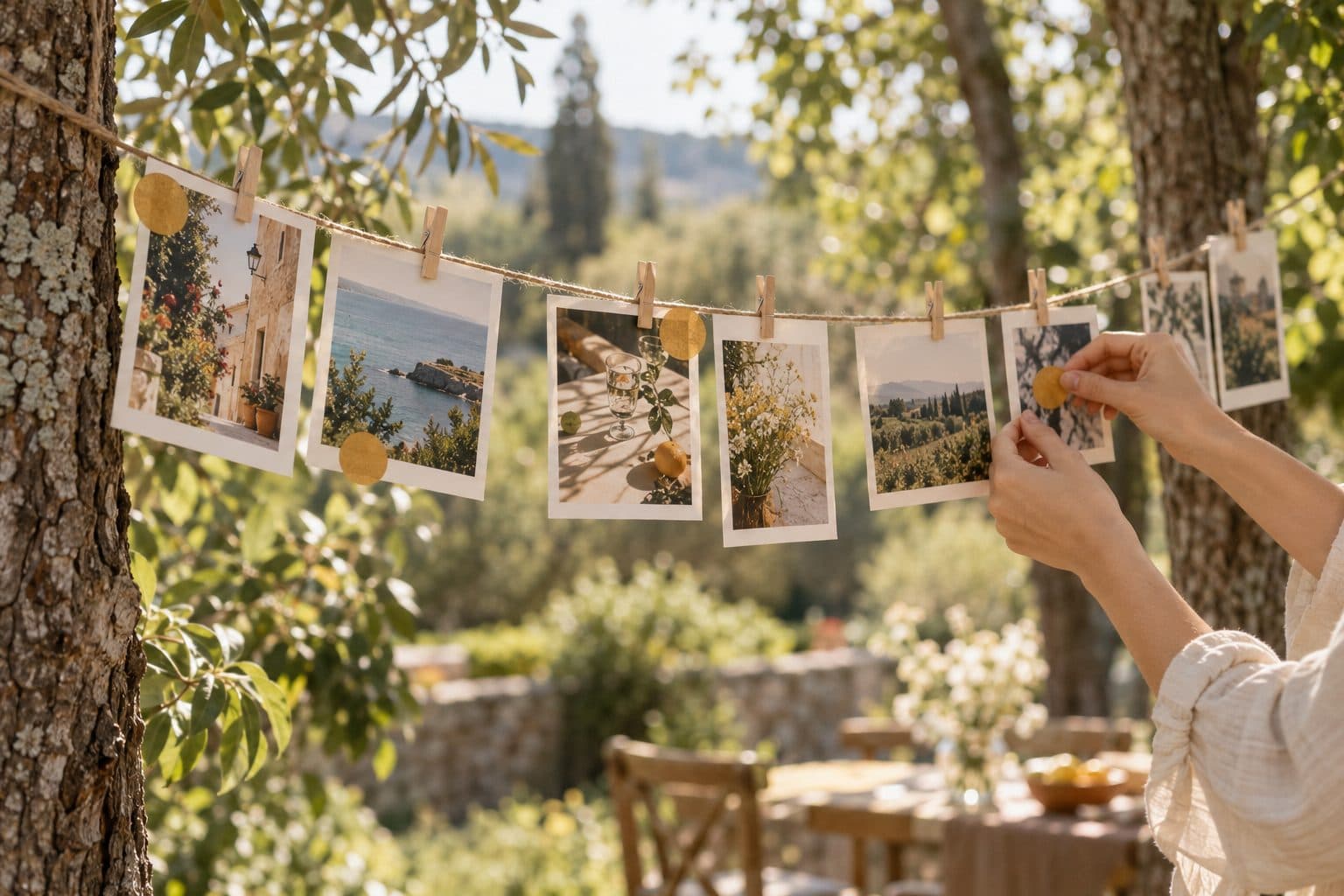 Cordel con fotos de los novios por años y pegatinas de invitados colgado entre dos árboles, un rompehielos para boda sin presentador