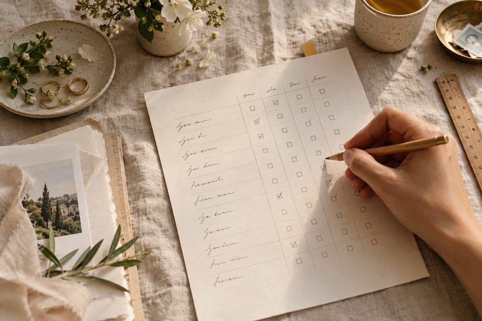 Una mano marca con lápiz casillas en la lista de invitados de una boda: asiste, acompañante, menú y autobús