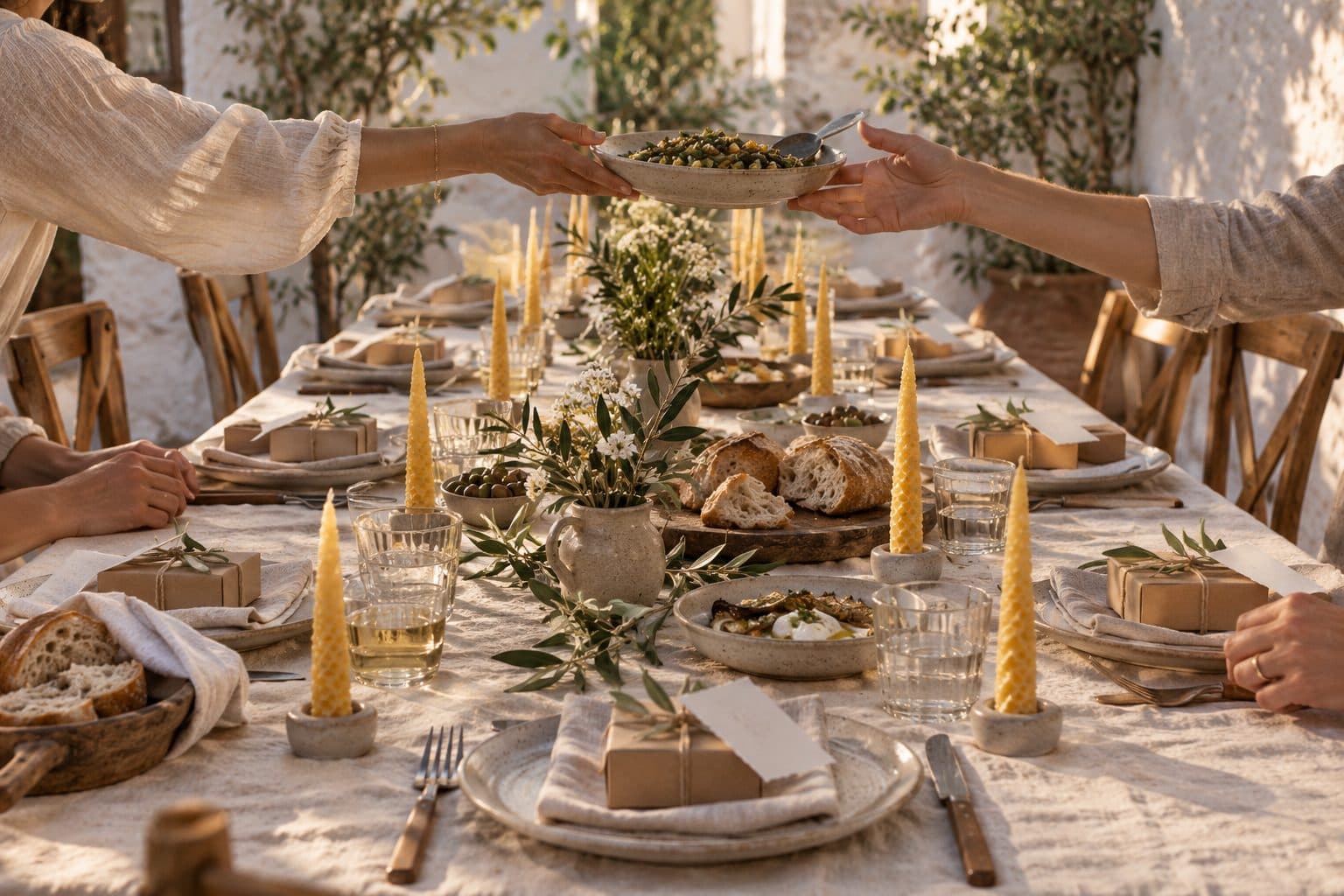 Mesa larga para doce personas en un patio, con un detalle de cera de abeja y una tarjeta en cada sitio: una boda pequeña e íntima