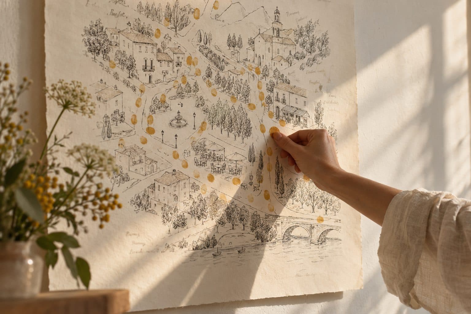 Plano ilustrado de un barrio con sitios de una pareja, usado como tema alternativo al árbol de huellas de boda, con huellas de invitados en cada calle
