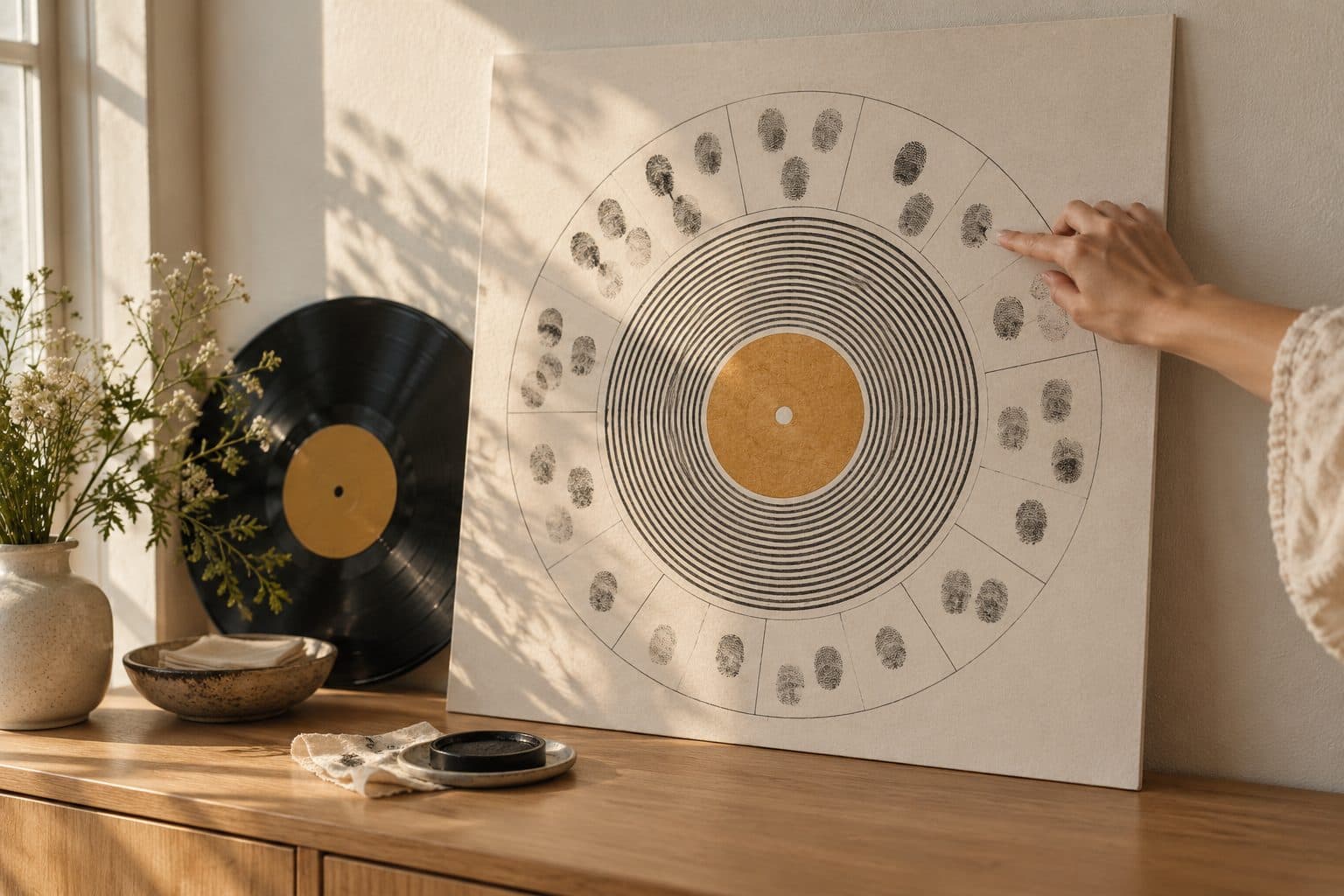 Portada de vinilo ilustrada con una pista por canción de la historia de la pareja y huellas de tinta de los invitados sobre cada pista