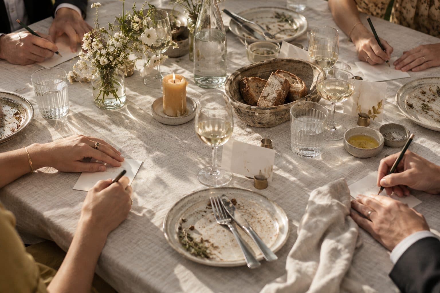 Mesa de banquete con papelitos, lápices y tarjetas de pistas entre los platos, con manos de varios invitados escribiendo una palabra