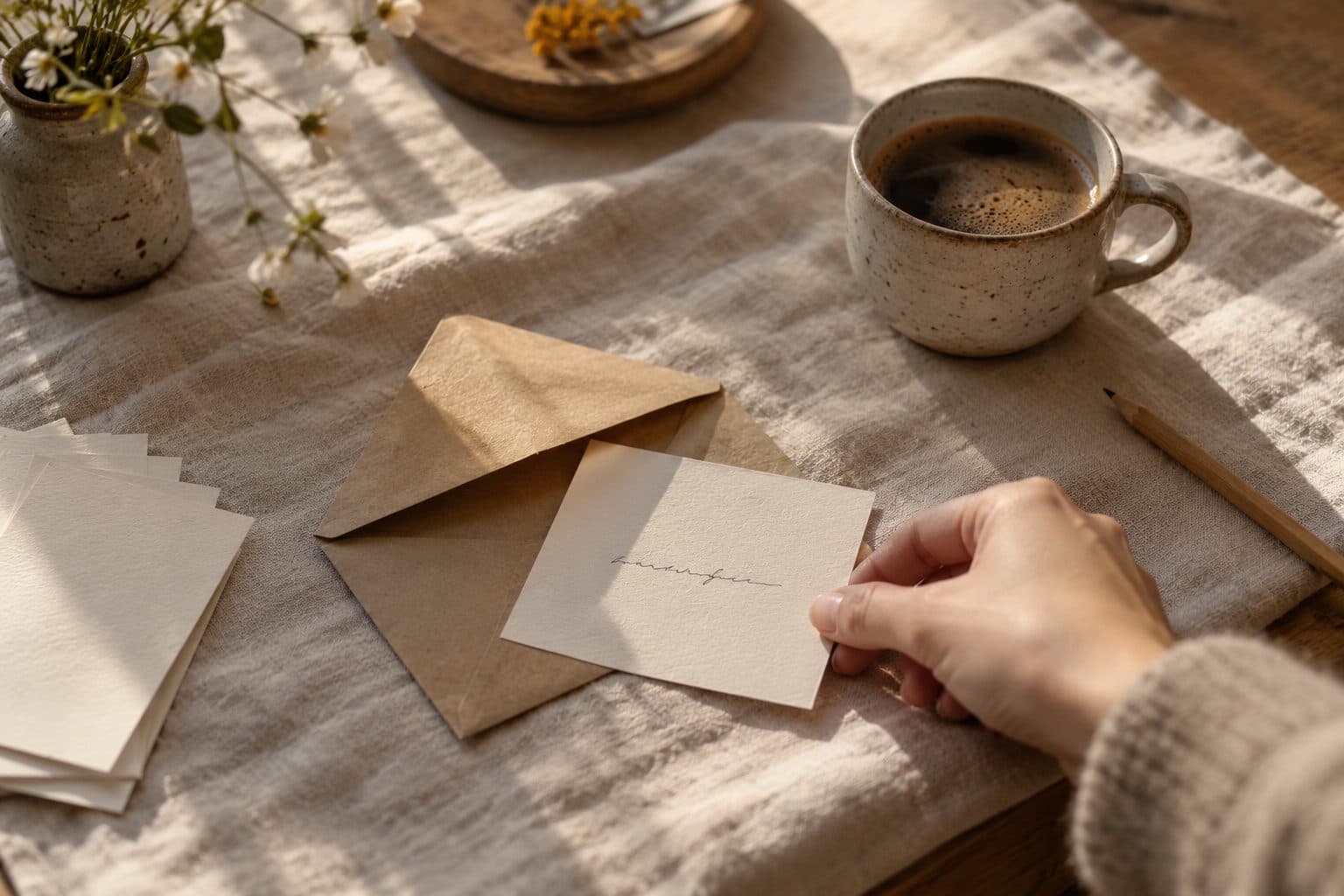 Sobre de papel kraft, una tarjeta con una pregunta escrita a mano y una taza de café sobre lino: preguntas frecuentes sobre una boda personalizada