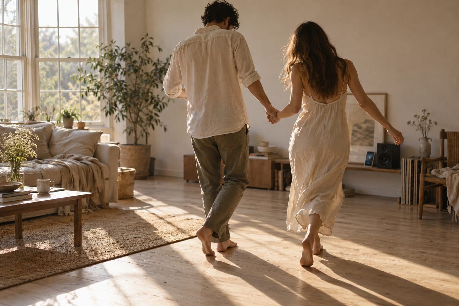 Pareja de espaldas caminando al compás de la música en el salón de casa, ensayando un primer baile de boda sin saber bailar