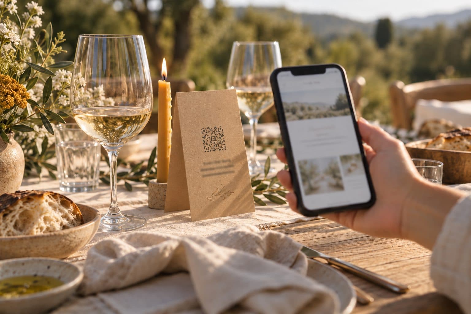 Tarjeta de mesa con un código QR abstracto entre copas y una mano que acerca el móvil: app para bodas para invitados, sin descargar nada