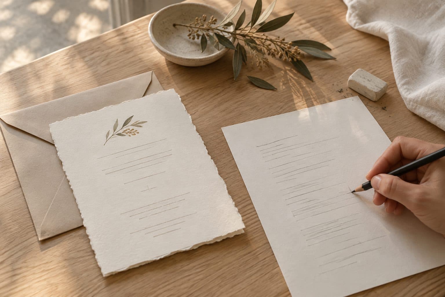 Una mano dibuja con lápiz el orden de los datos de una invitación de boda sobre una hoja de algodón, con una invitación ya impresa al lado
