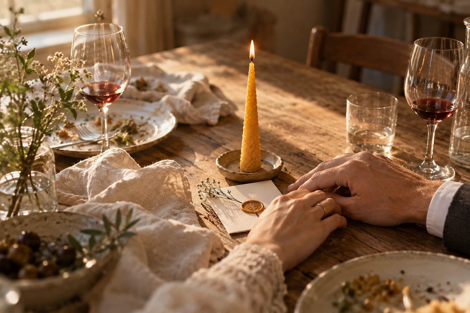 Vela de cera de abeja encendida en una cena de aniversario de boda, con las manos de una pareja una al lado de la otra sobre la mesa
