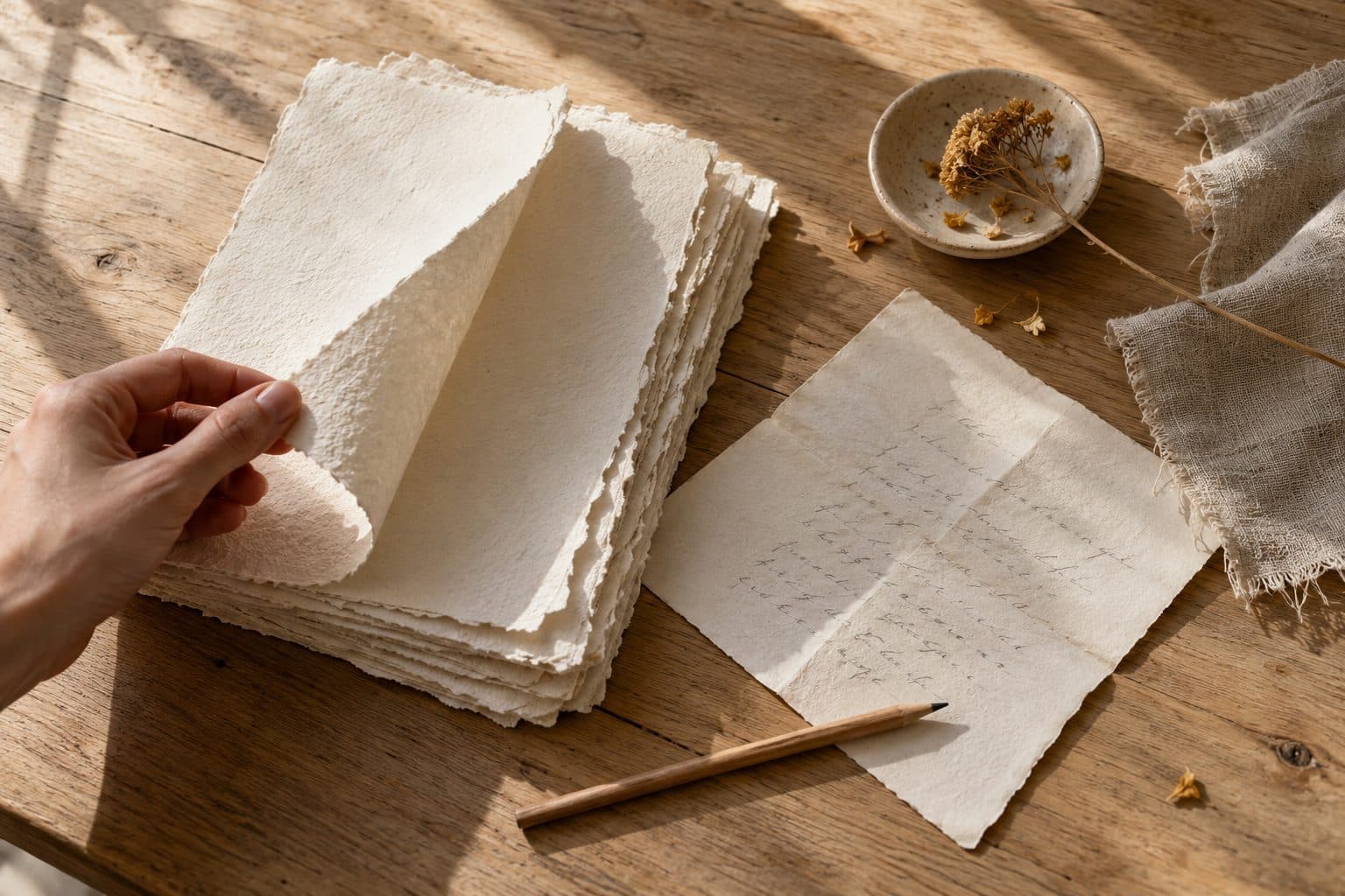 Hojas de papel de algodón con borde irregular, una muestra de tela de algodón y un poema doblado, para las bodas de papel y de algodón
