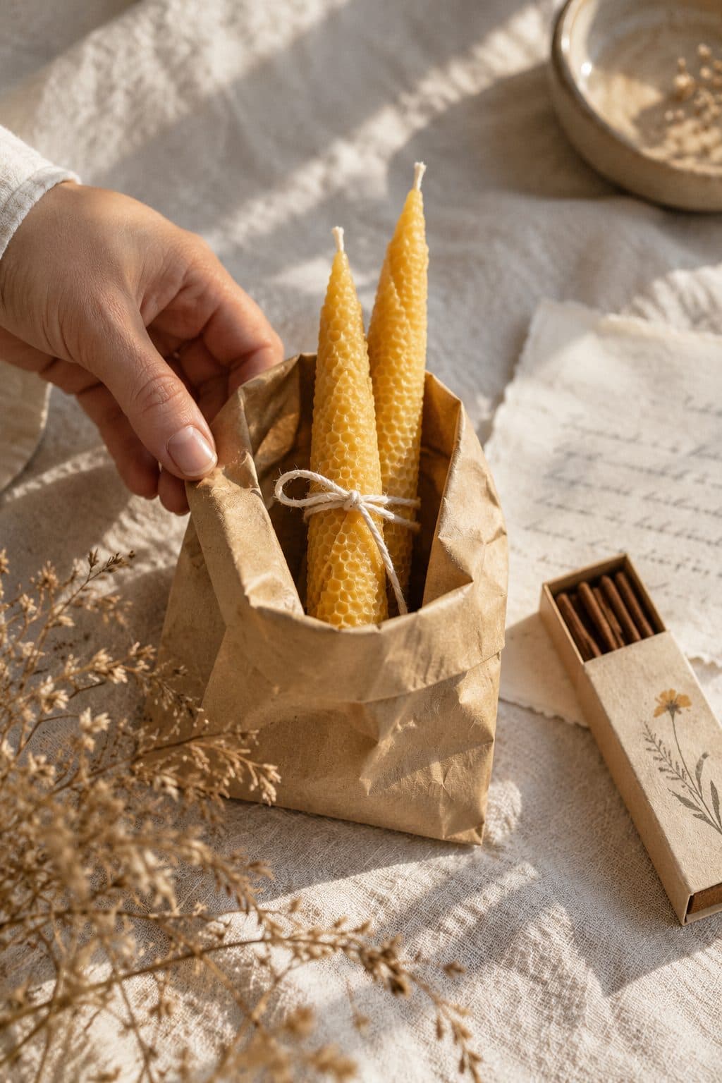 El Detalle: velas pequeñas de cera de abeja atadas con hilo, caja de incienso y bolsa kraft, un gracias para amigas que ayudan en la boda