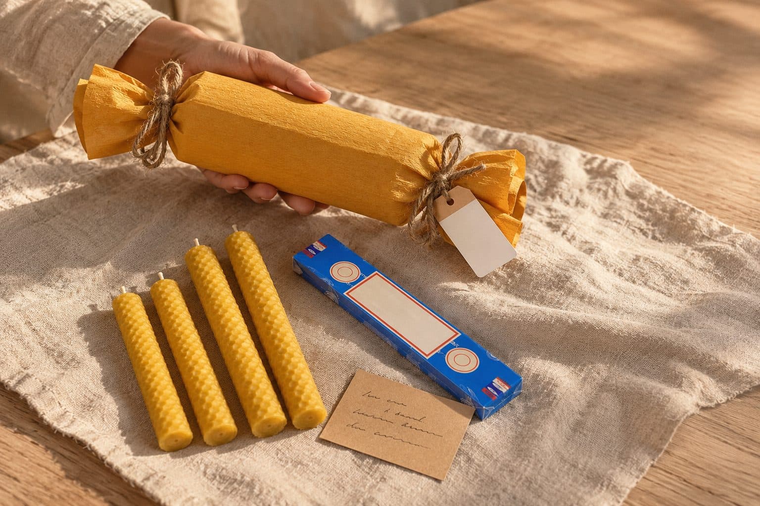 Una mano entrega El Detalle, un pack en papel crespón con yute, cuatro velas de cera de abeja, una caja de incienso y una tarjeta escrita a mano, regalo para una dama de honor