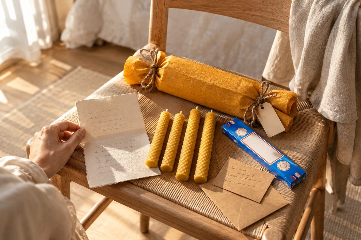 Un poema a lápiz sobre papel de algodón y El Detalle, con cuatro velas de cera de abeja, sobre el asiento de una silla de madera con una chaqueta de lino, un regalo entre novios para la mañana de la boda