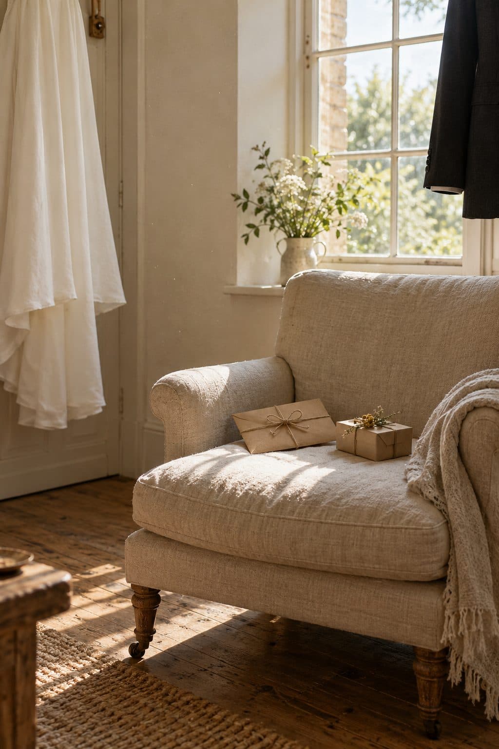 Sobre atado con cordel sobre un sillón, junto al bajo de un vestido de novia colgado, listo para entregar el día de la boda