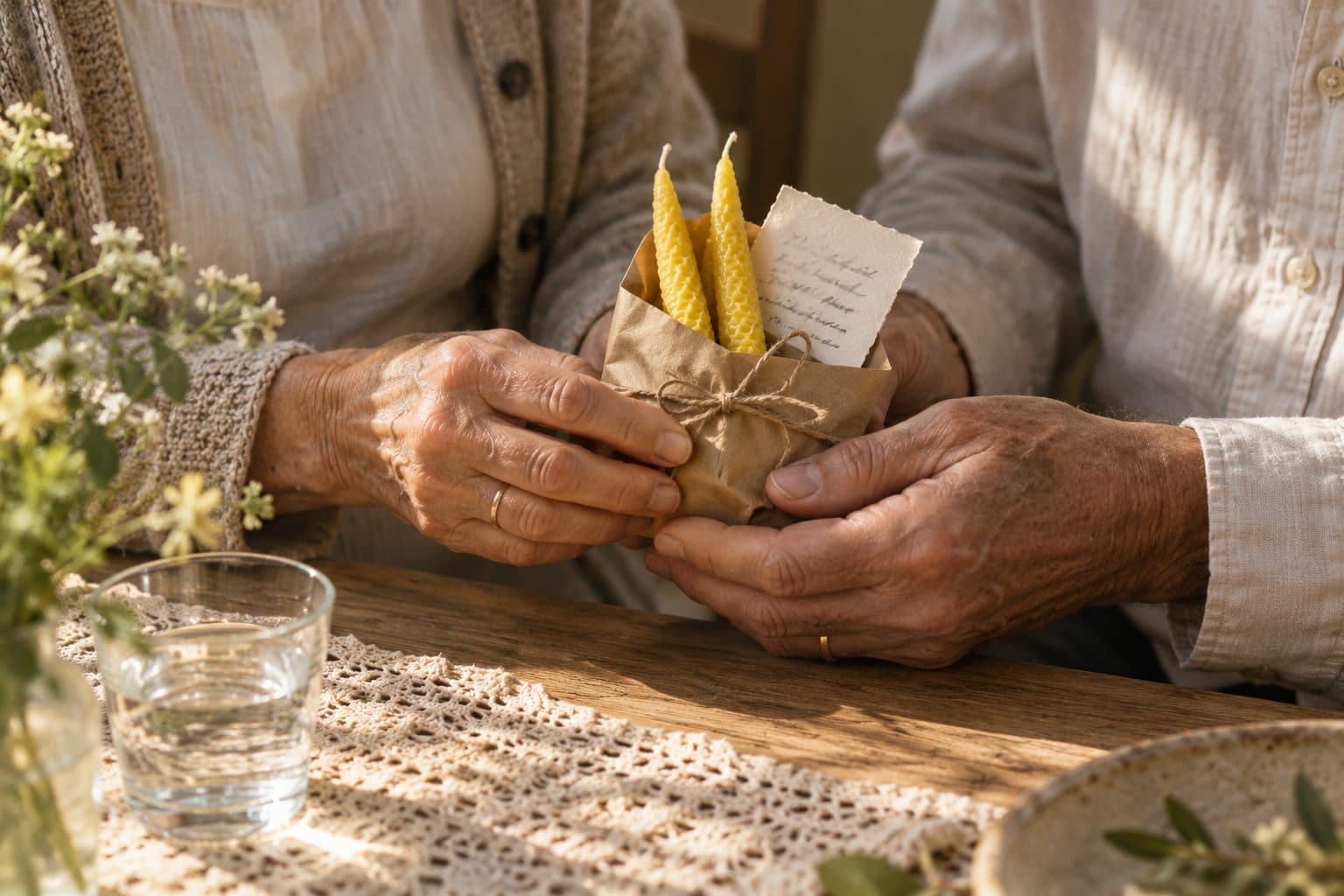 Manos de unos abuelos sosteniendo El Detalle, una bolsa kraft con dos velas pequeñas e incienso, regalo para los abuelos en la boda