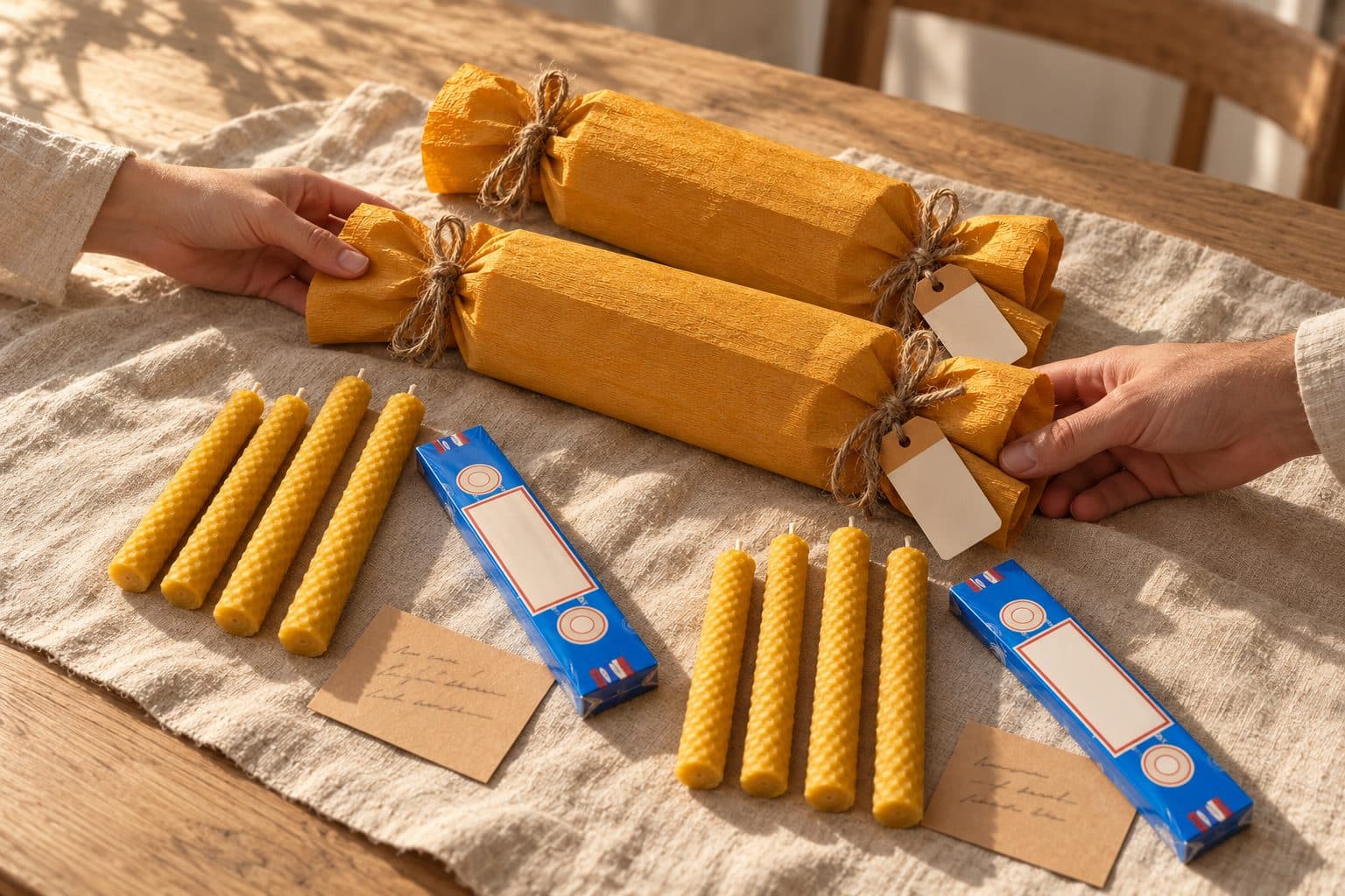 Dos manos, una de cada persona, acercan dos packs de El Detalle sobre lino, cada uno con cuatro velas de cera de abeja, incienso y una tarjeta a mano, regalo para los padrinos de boda