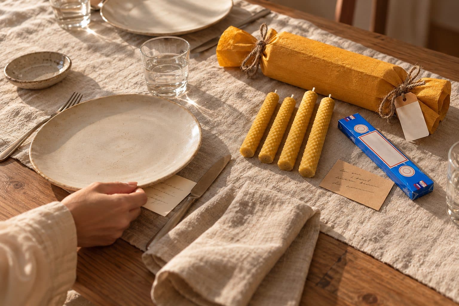 Una mesa puesta para dos con una tarjeta escrita a mano bajo el plato y El Detalle esperando en el sitio de al lado: cuatro velas de cera de abeja, incienso y un mensaje, para pedir a alguien que sea padrino