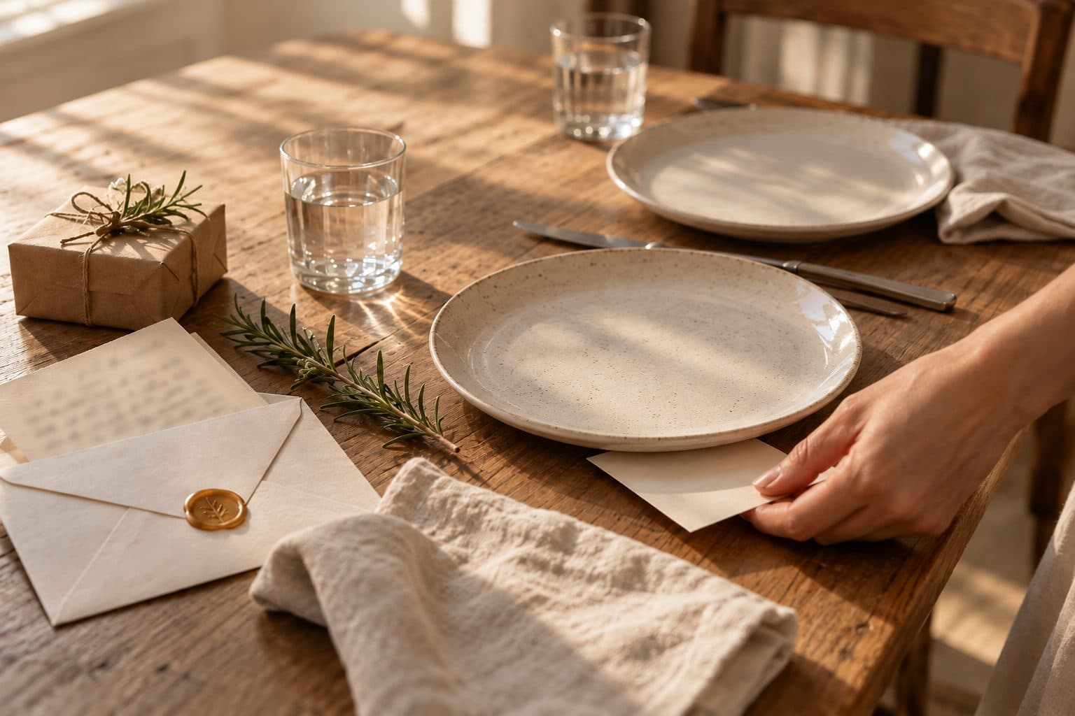 Ideas para pedir padrinos de boda: una carta escrita a mano con lacre, una tarjeta bajo el plato y un detalle pequeño