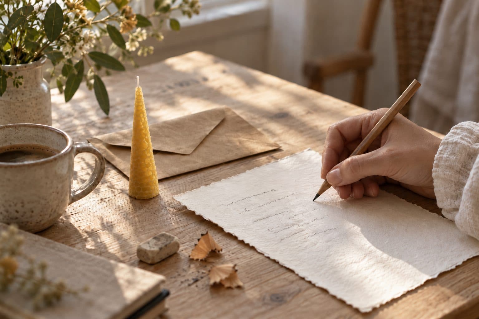 Una mano escribe a lápiz un poema sobre papel de algodón: el poema a mano como detalle de aniversario de bodas