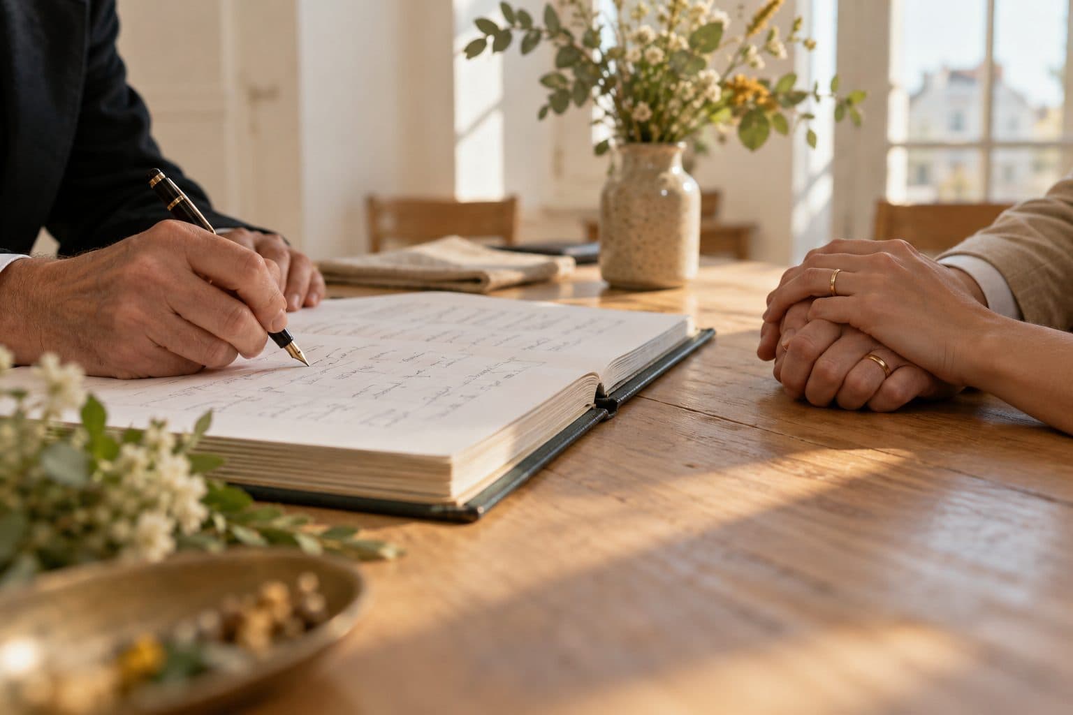 Manos de un testigo firmando el acta de matrimonio con una pluma, mientras la pareja espera al lado
