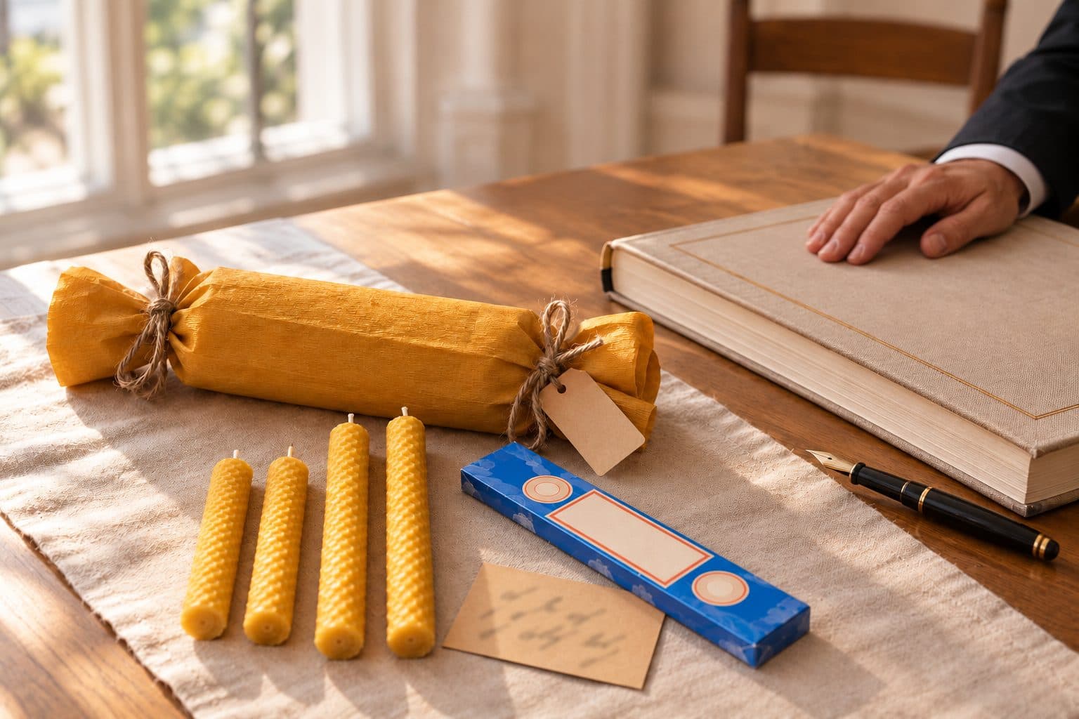 El Detalle junto a un libro de registro y una pluma sobre la mesa de una sala de ceremonia civil: cuatro velas de cera de abeja, incienso y una tarjeta a mano, regalo para los testigos de boda