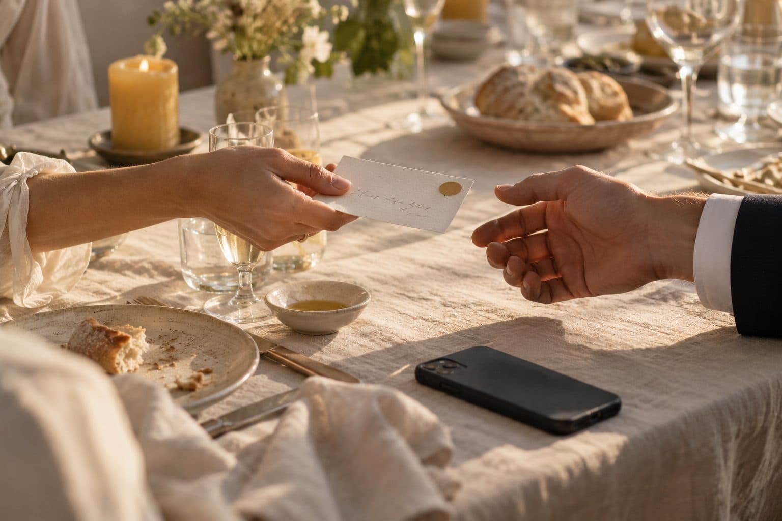 Tarjeta de reto sobre una mesa de boda con un móvil al lado, para pedir una foto con alguien que no se conocía