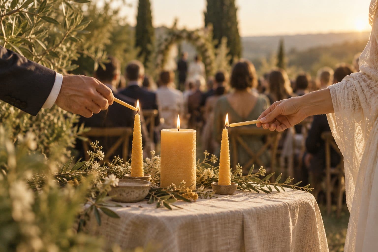Ritual de las velas en una boda al aire libre: una mesa pequeña con tres velas y dos personas acercando sus llamas a la vela grande