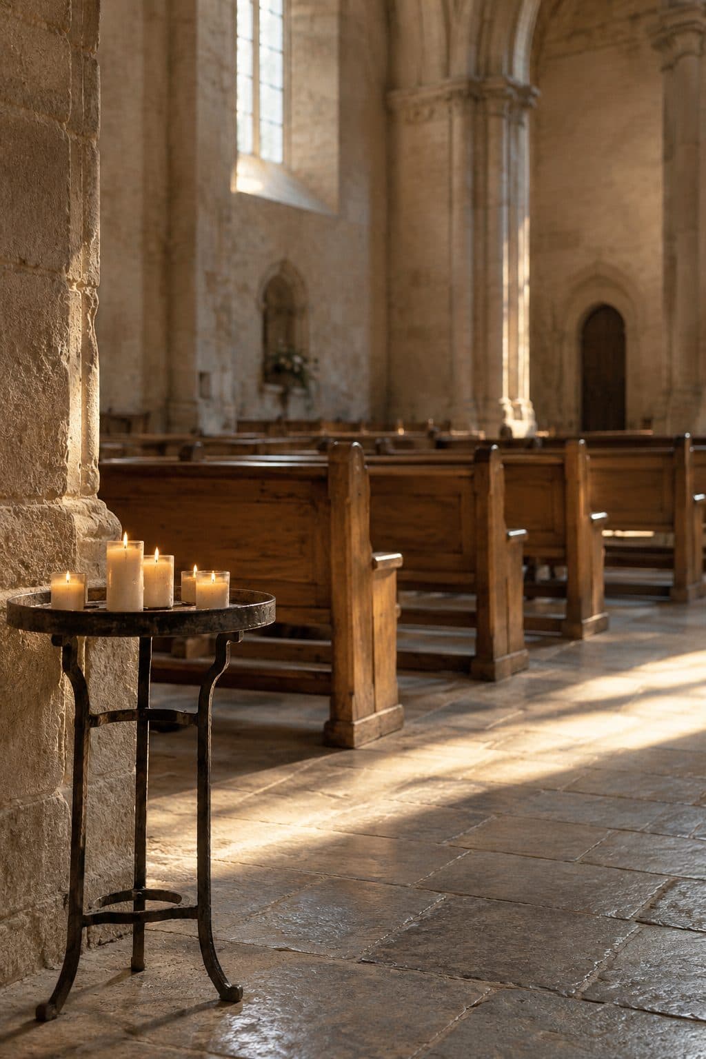 Soporte de velas votivas en una iglesia vacía con luz de una vidriera, para velas en una boda religiosa