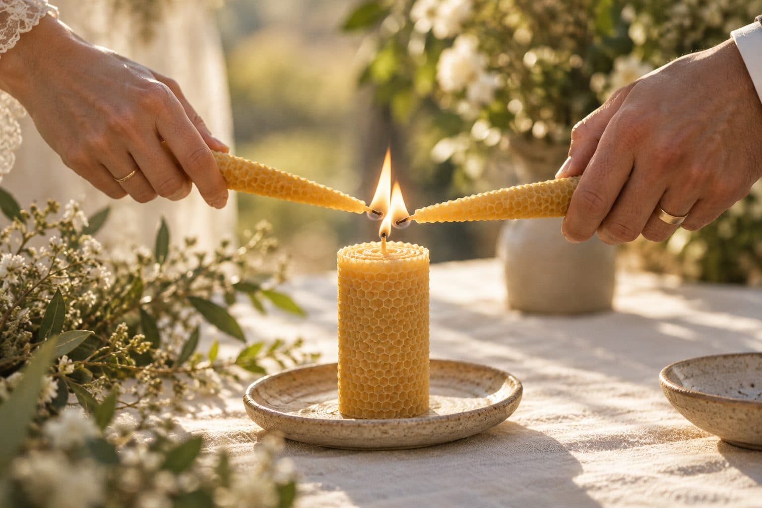 Dos manos acercan dos velas finas encendidas a una vela grande para encenderla a la vez, paso a paso del ritual de las velas