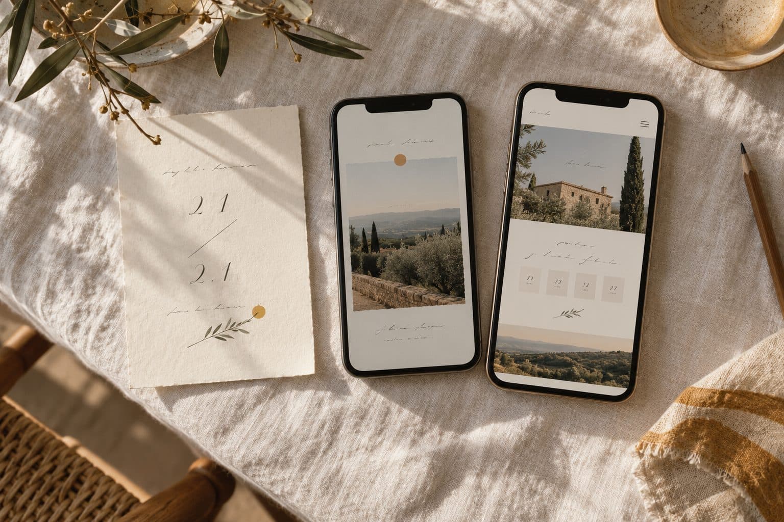 Tres formatos de save the date de boda sobre lino: tarjeta de papel, móvil con una imagen y móvil con la portada de una web