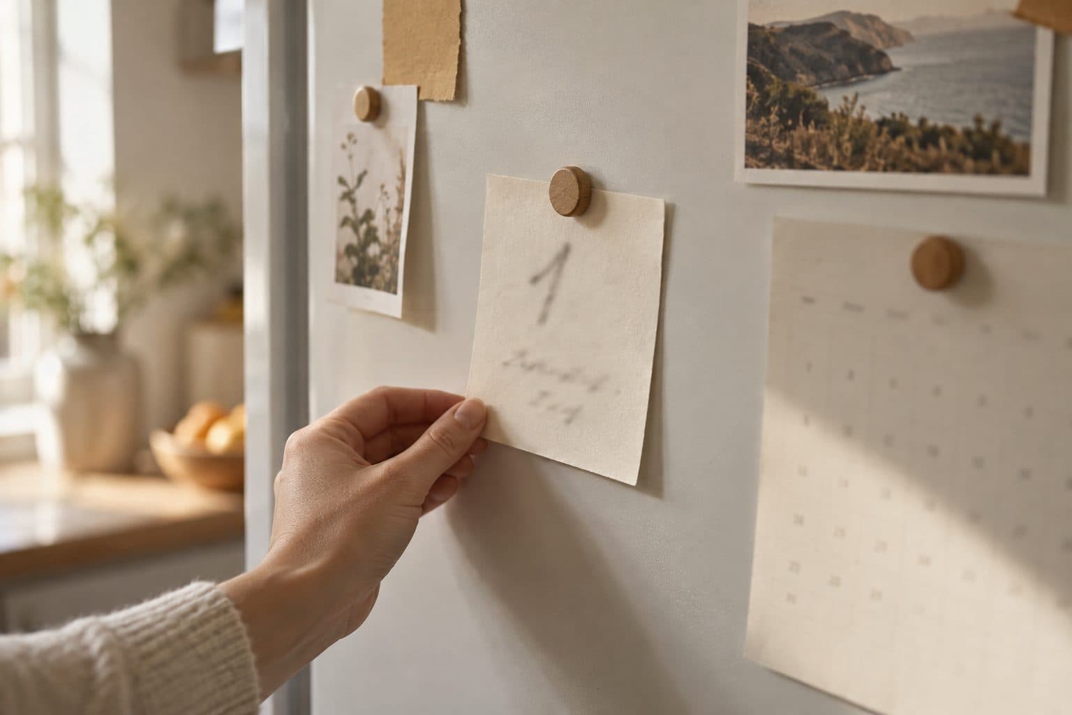 Tarjeta de save the date de boda sujeta con un imán a una nevera clara, con luz de mañana