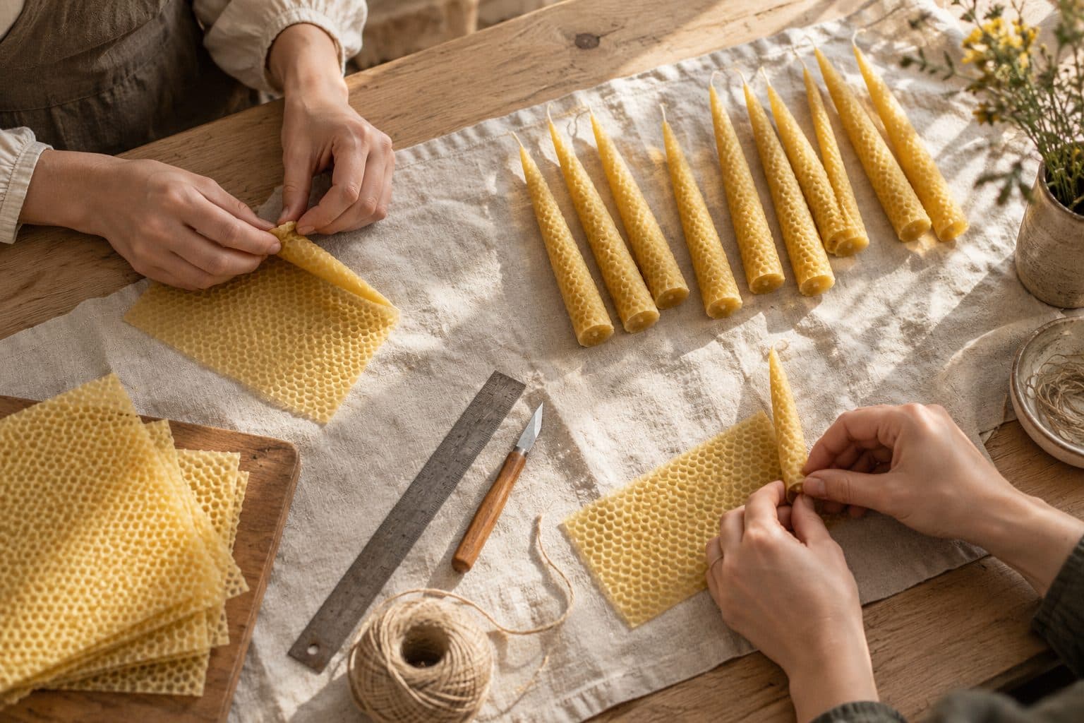 Manos enrollando láminas de cera de abeja para hacer velas a mano, así trabaja el estudio de bodas Lo Bailao