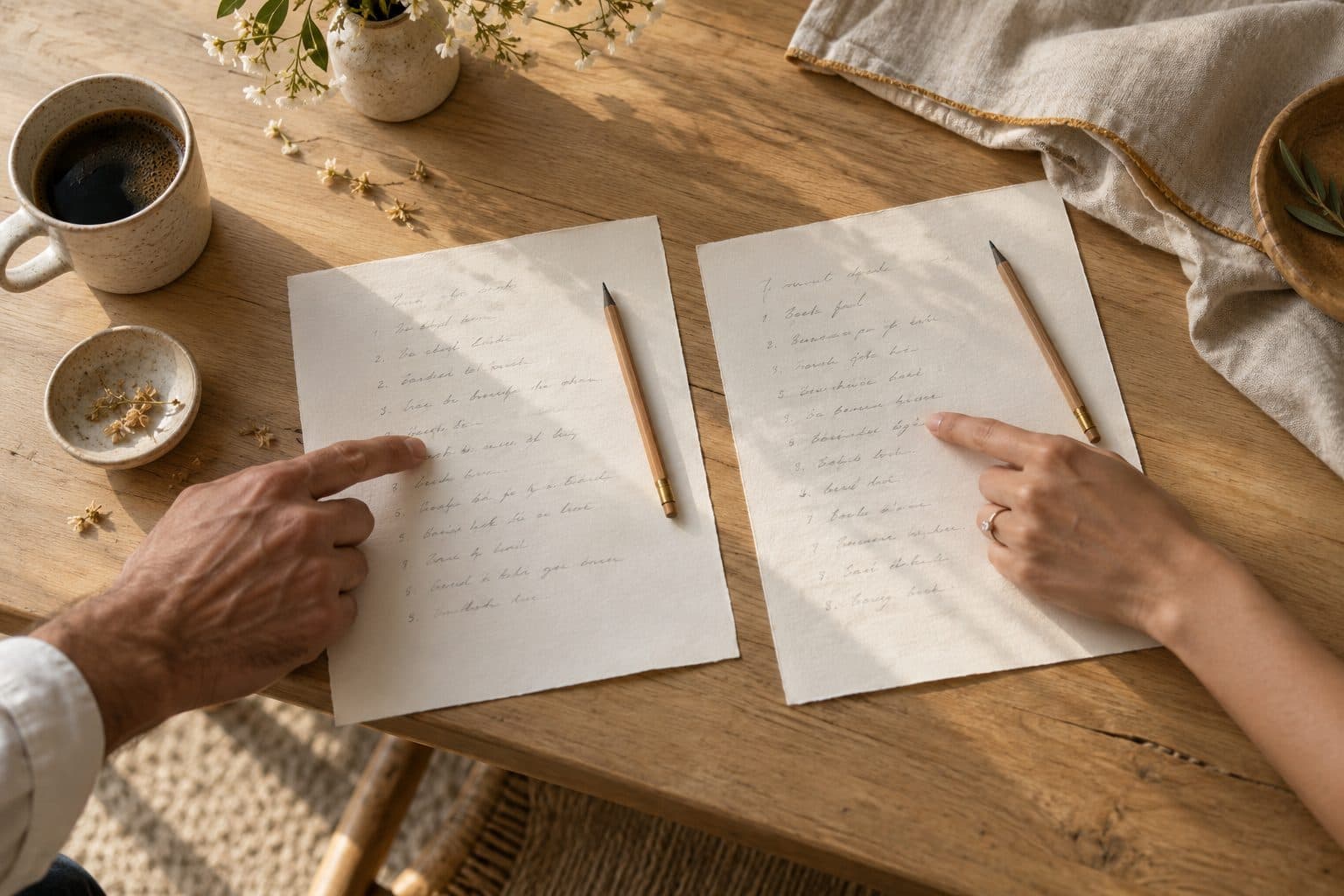 Dos hojas de papel con respuestas a mano y dos lápices sobre una mesa de madera clara, para comparar el test de novios