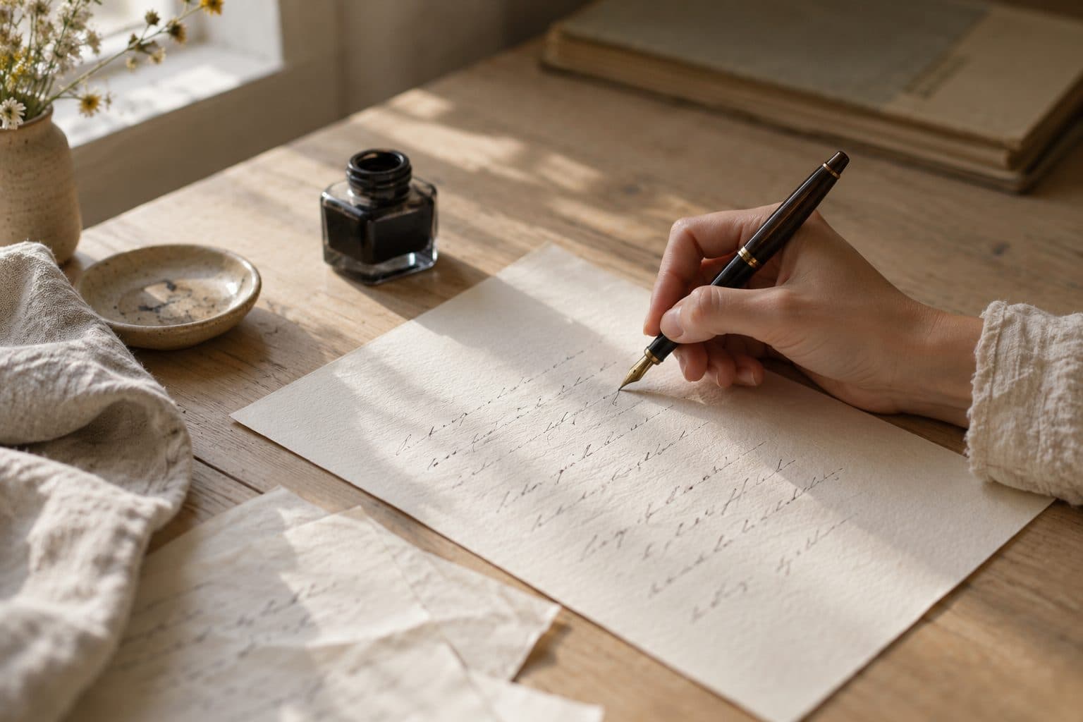 Una mano escribe con pluma el texto de una invitación de boda sobre una hoja de algodón