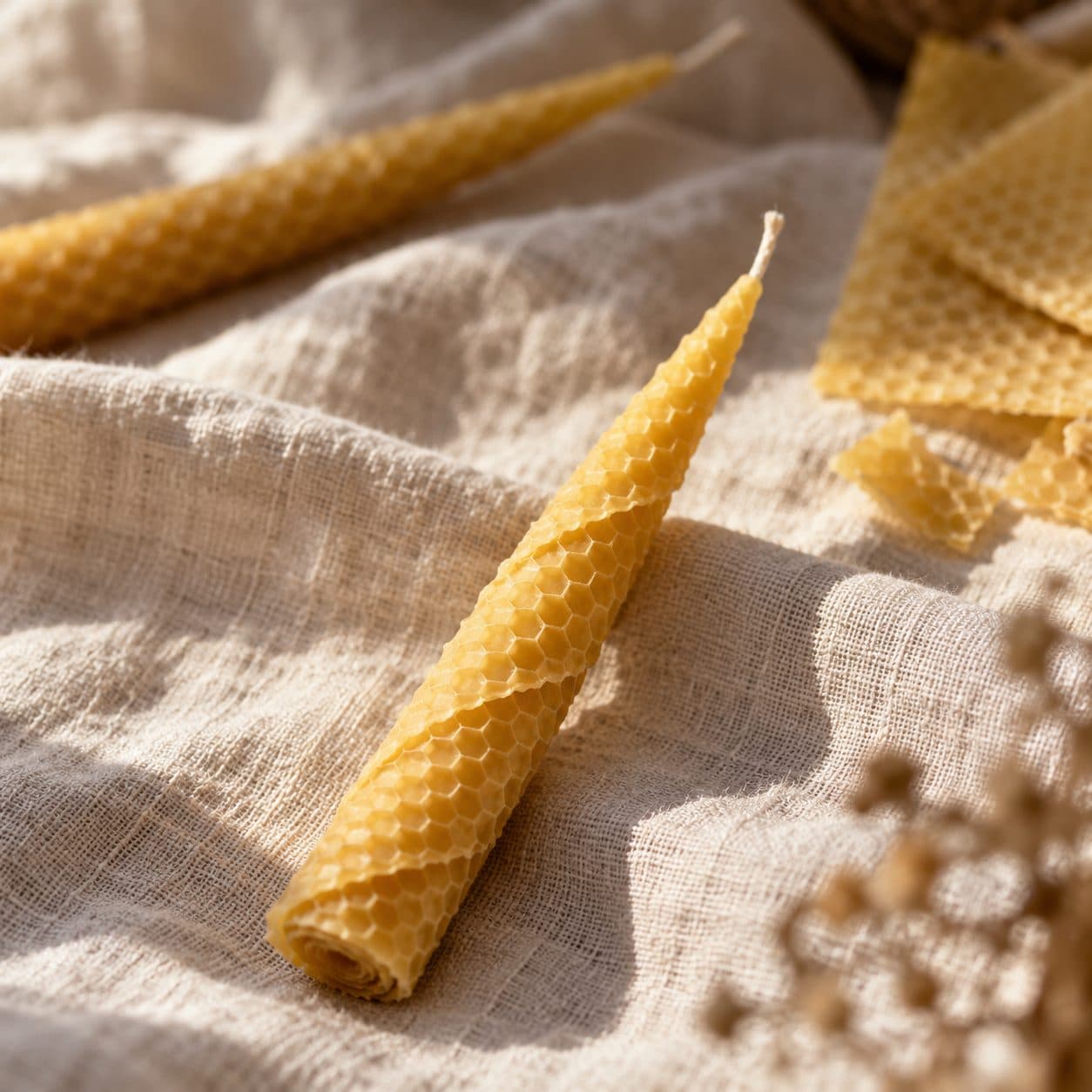 Primer plano de una vela cónica de cera de abeja enrollada a mano, con la mecha de algodón y la textura de panal a la vista