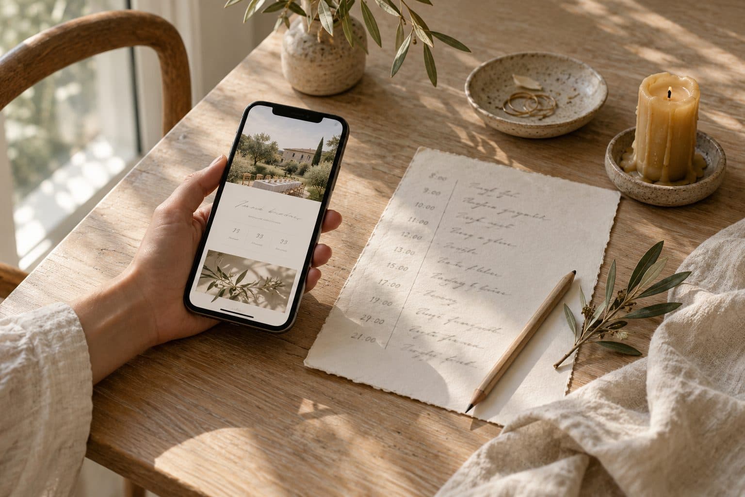 Mano sosteniendo un móvil con una web de boda personalizada abierta, sobre una mesa de roble claro con una rama de olivo