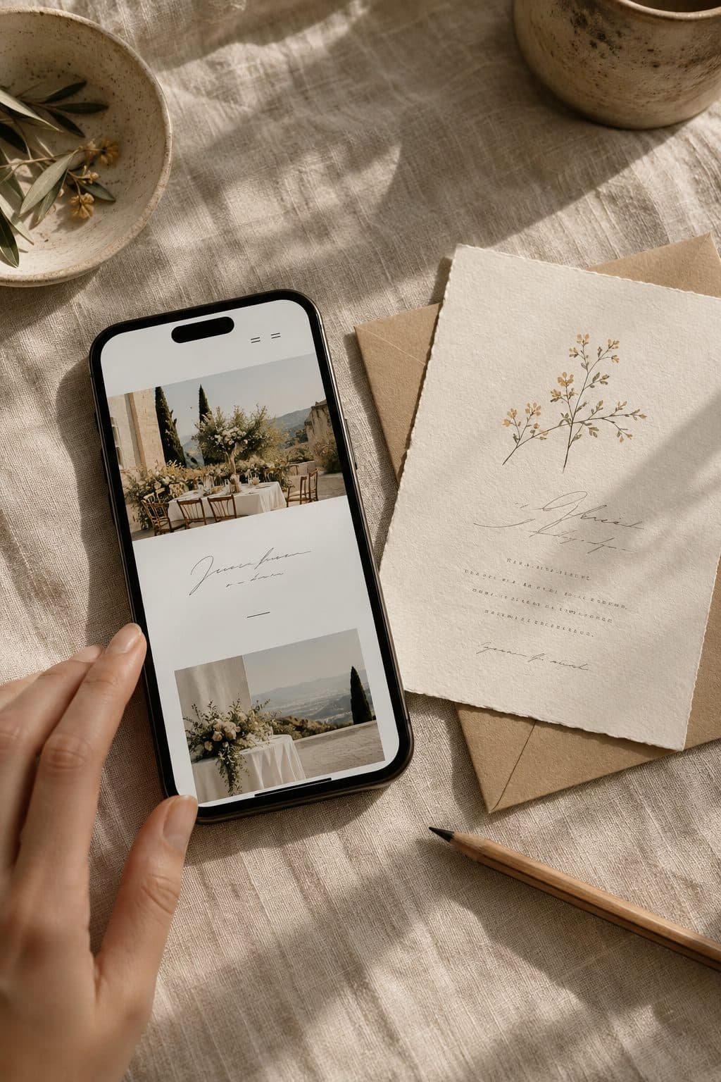 Móvil que muestra la web de una boda con dos pestañas de idioma, junto a la invitación impresa sobre lino