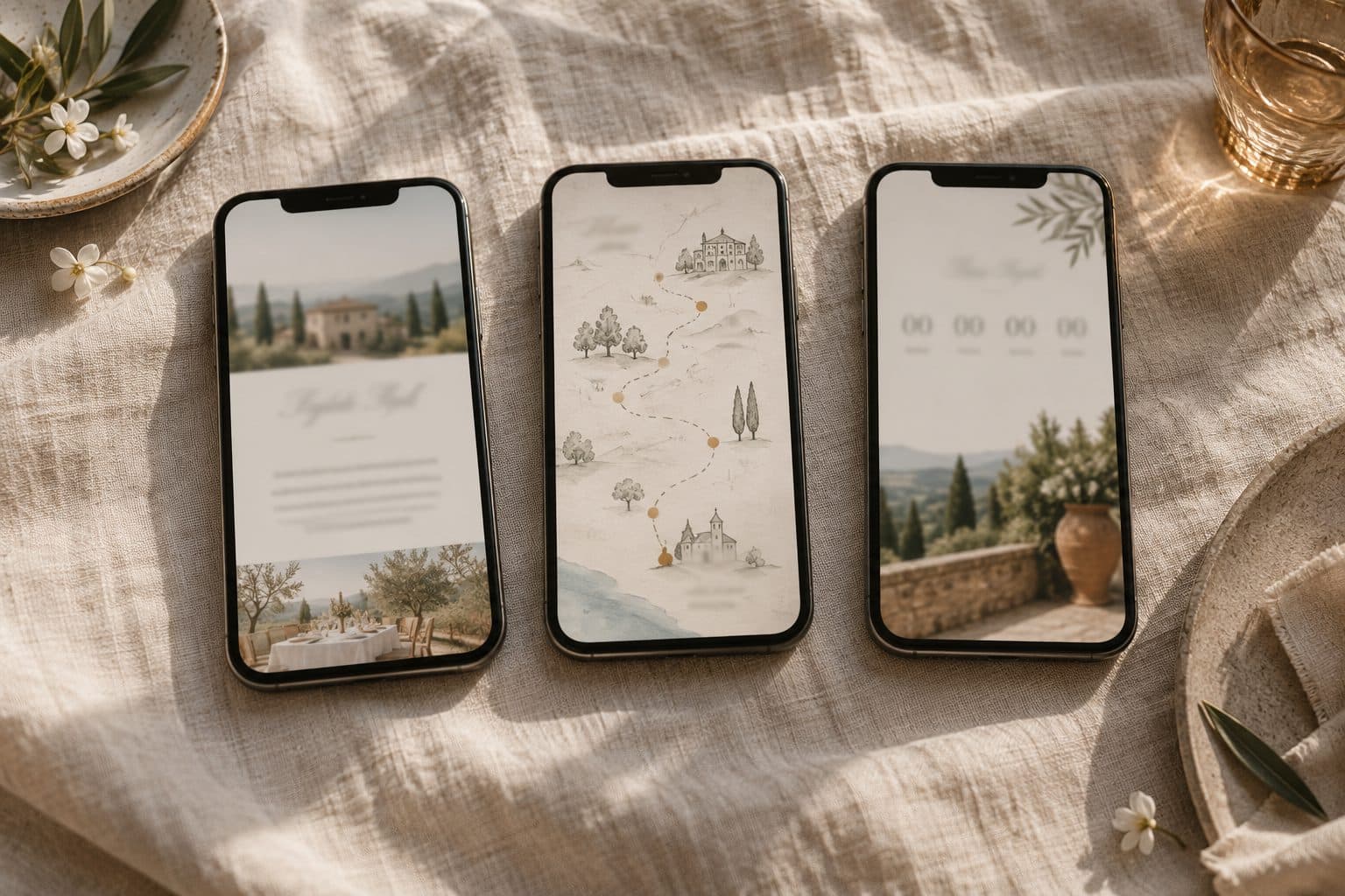 Tres móviles sobre lino con las secciones de una web de boda: historia, mapa con itinerario y cuenta atrás