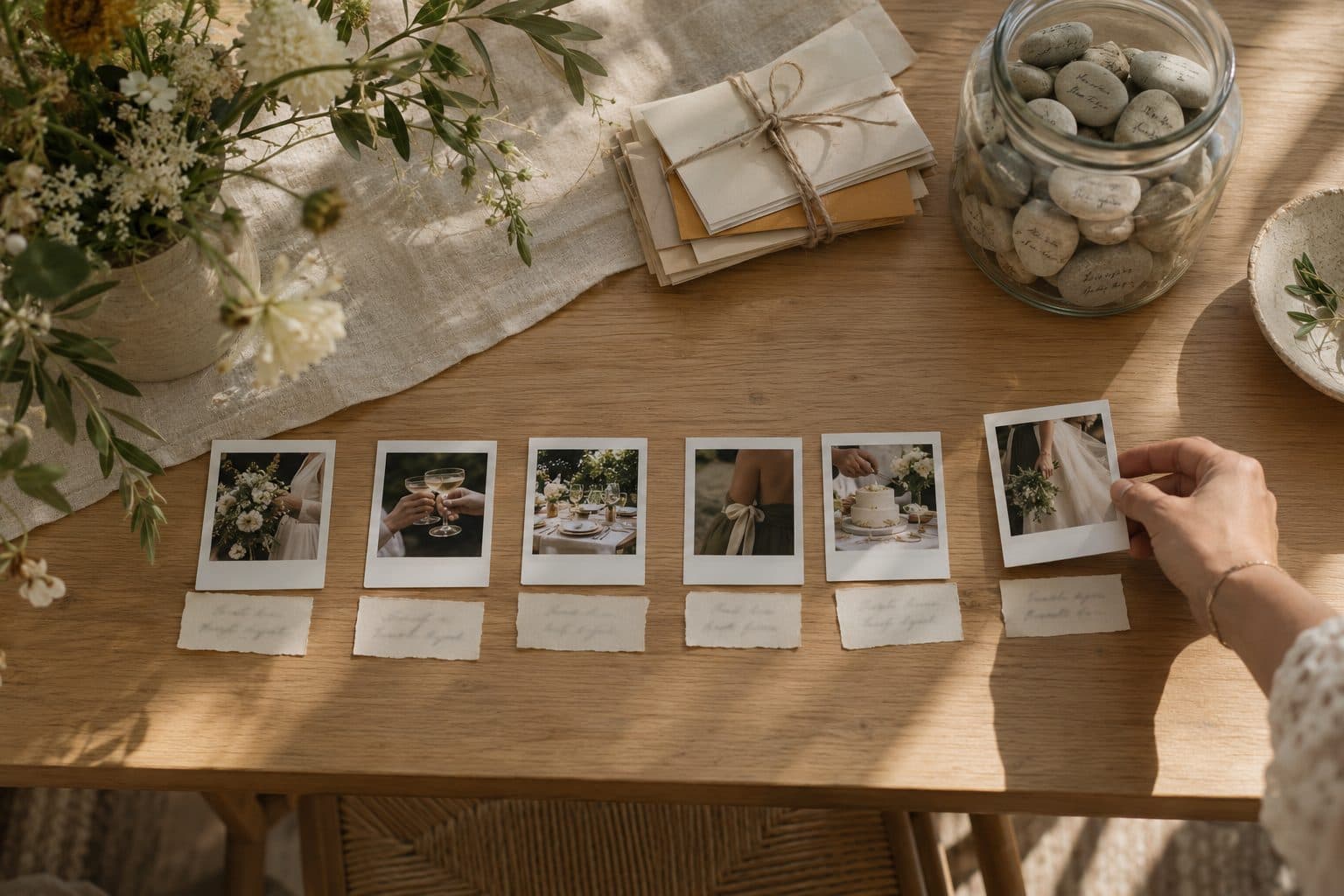 Alternativas a un libro de firmas de boda: fotos instantáneas con una frase, sobres con cartas al futuro y un tarro de piedras sobre una mesa de madera