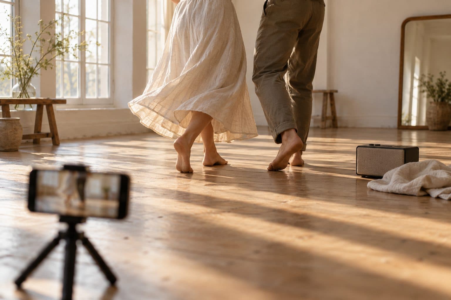 Móvil grabando en vídeo el ensayo del primer baile de boda de una pareja, de espaldas, en una sala de ensayo