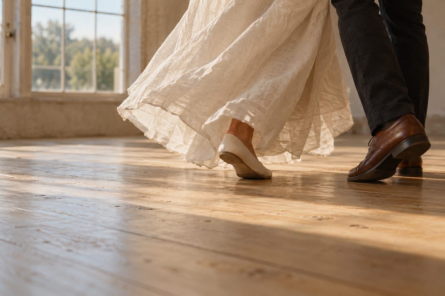 Bajo de un vestido de novia de lino y zapatos de novio durante el ensayo con vestido del baile de boda