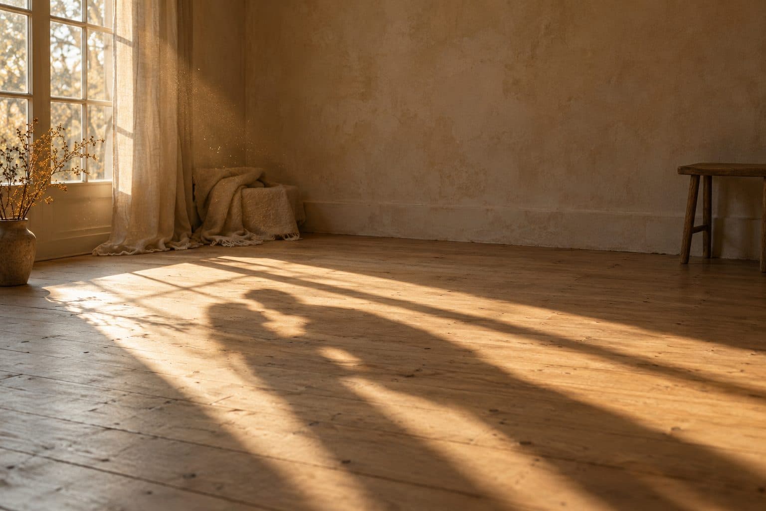 Sombras de una pareja bailando proyectadas en el suelo de madera de una sala de ensayo al atardecer