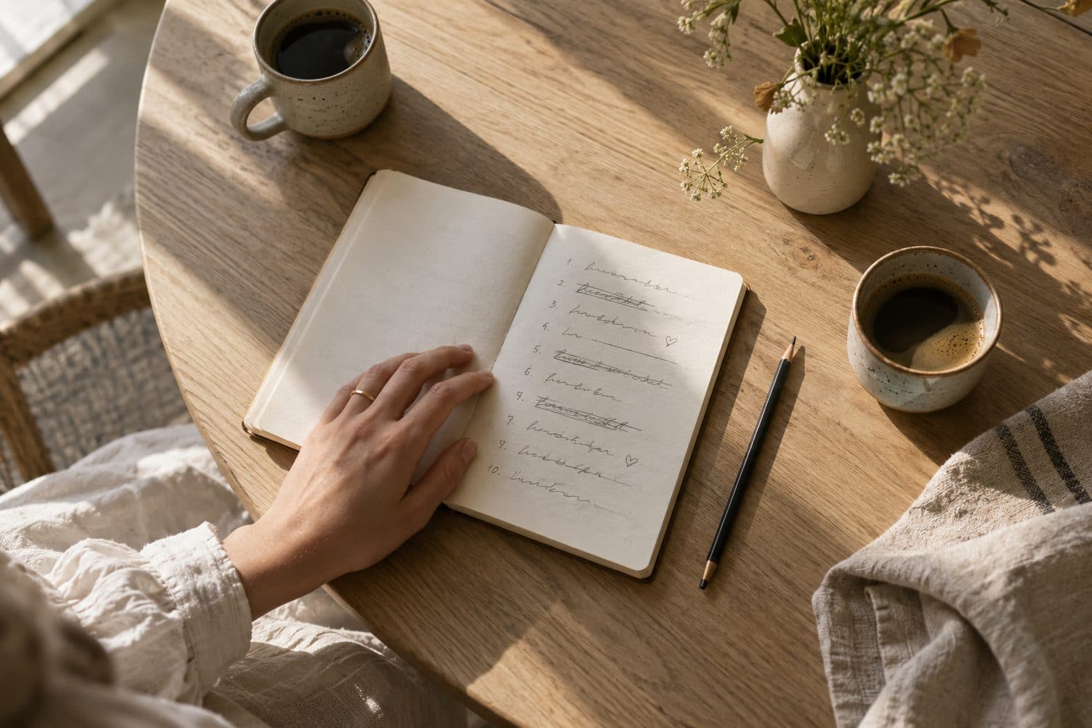Libreta con una lista de canciones tachadas y subrayadas a lápiz y dos tazas, la elección de la canción del primer baile